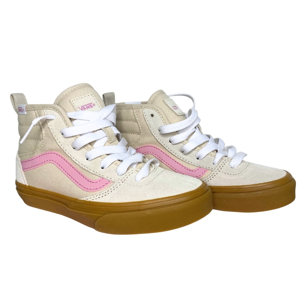 Vans Kids High-Top Sneakers in Cream with Pink Stripe